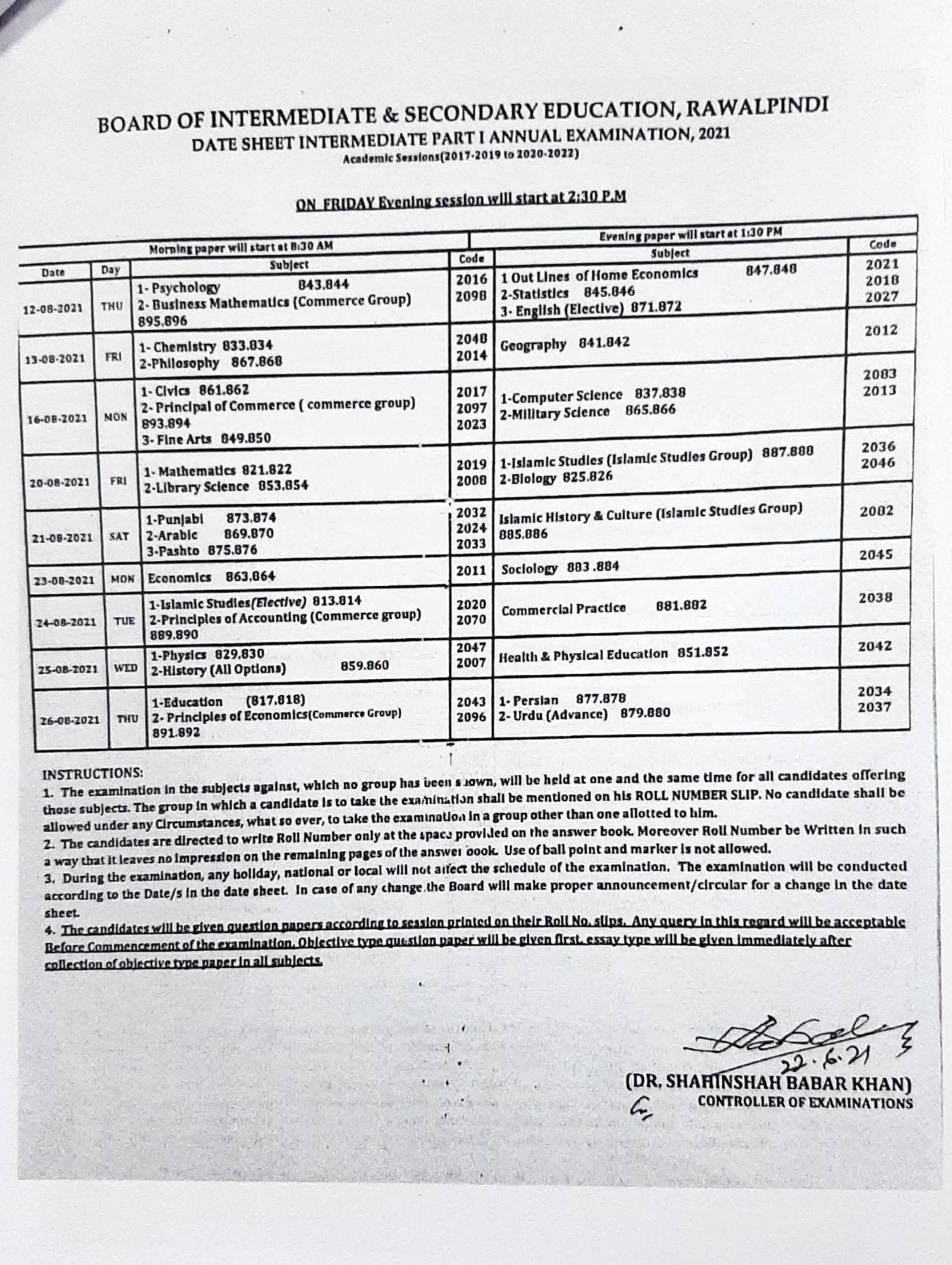 11th Class Date Sheet 2021 Rawalpindi Board FSc ICS FA Inter Part 1